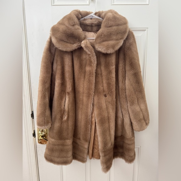 Vintage Tissavel France Faux Fur Coat Lepshire Tan Brown Swing Jacket M/L - Picture 1 of 15